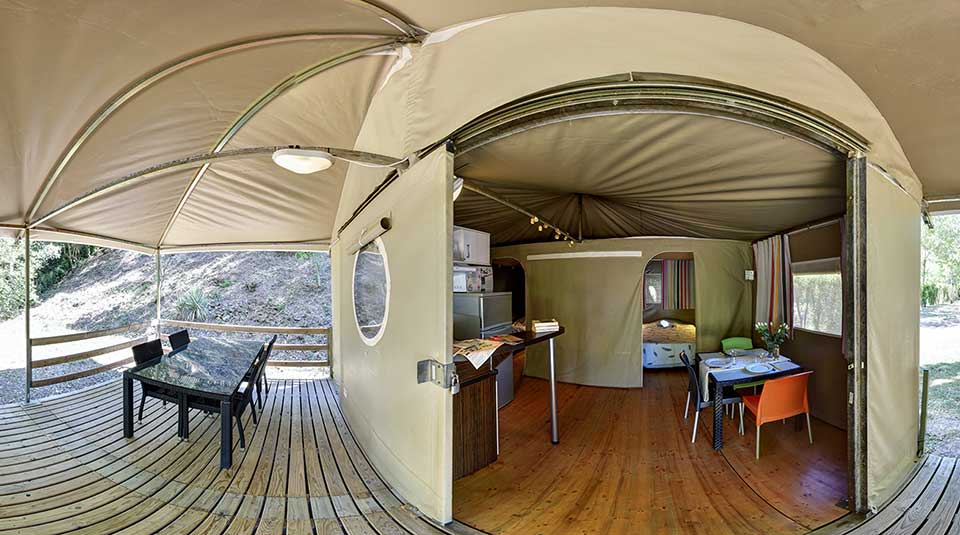 Interior view of a Lodge tent near the Cité de Carcassonne, at the Montolieu campsite.